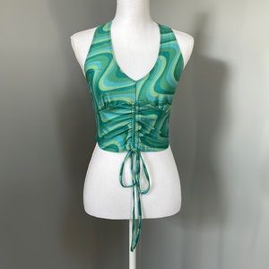 ABSTRACT DESIGN DRAWSTRING HALTER TOP
